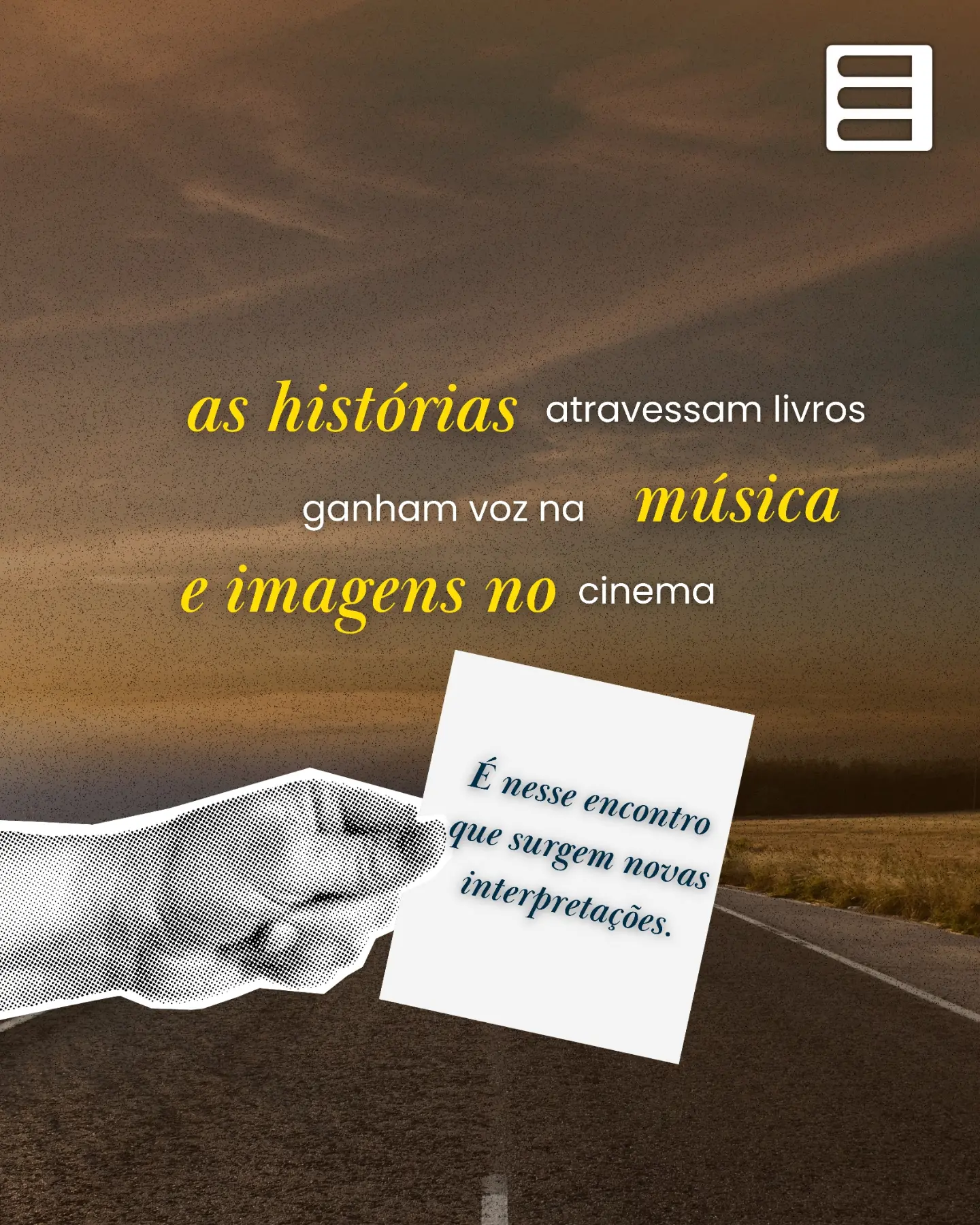 Arte promocional sobre histórias que atravessam livros, música e cinema
